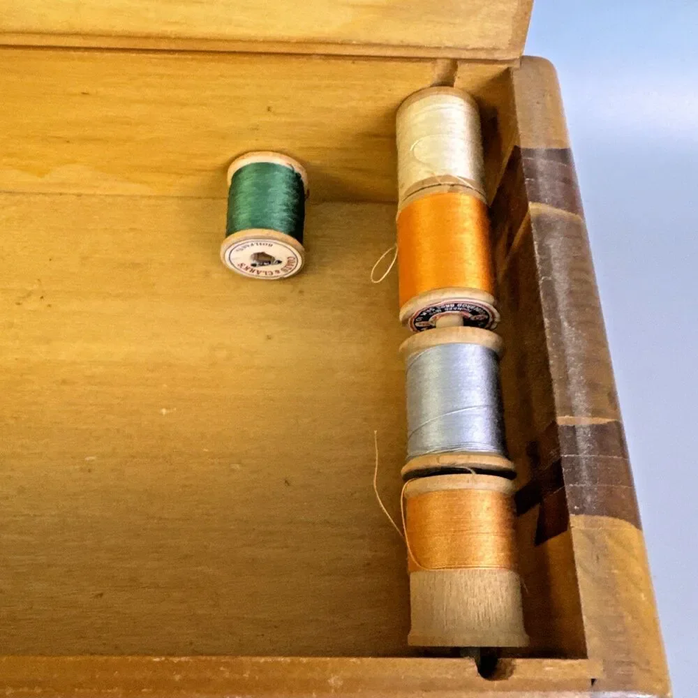 Wood Sewing Box With Marquetry Inlay And Accessories Antique